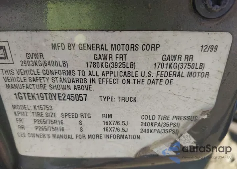 2000 GMC Sierra 1500 Sle from USA, damaged, VIN 1GTEK19T0YE245057